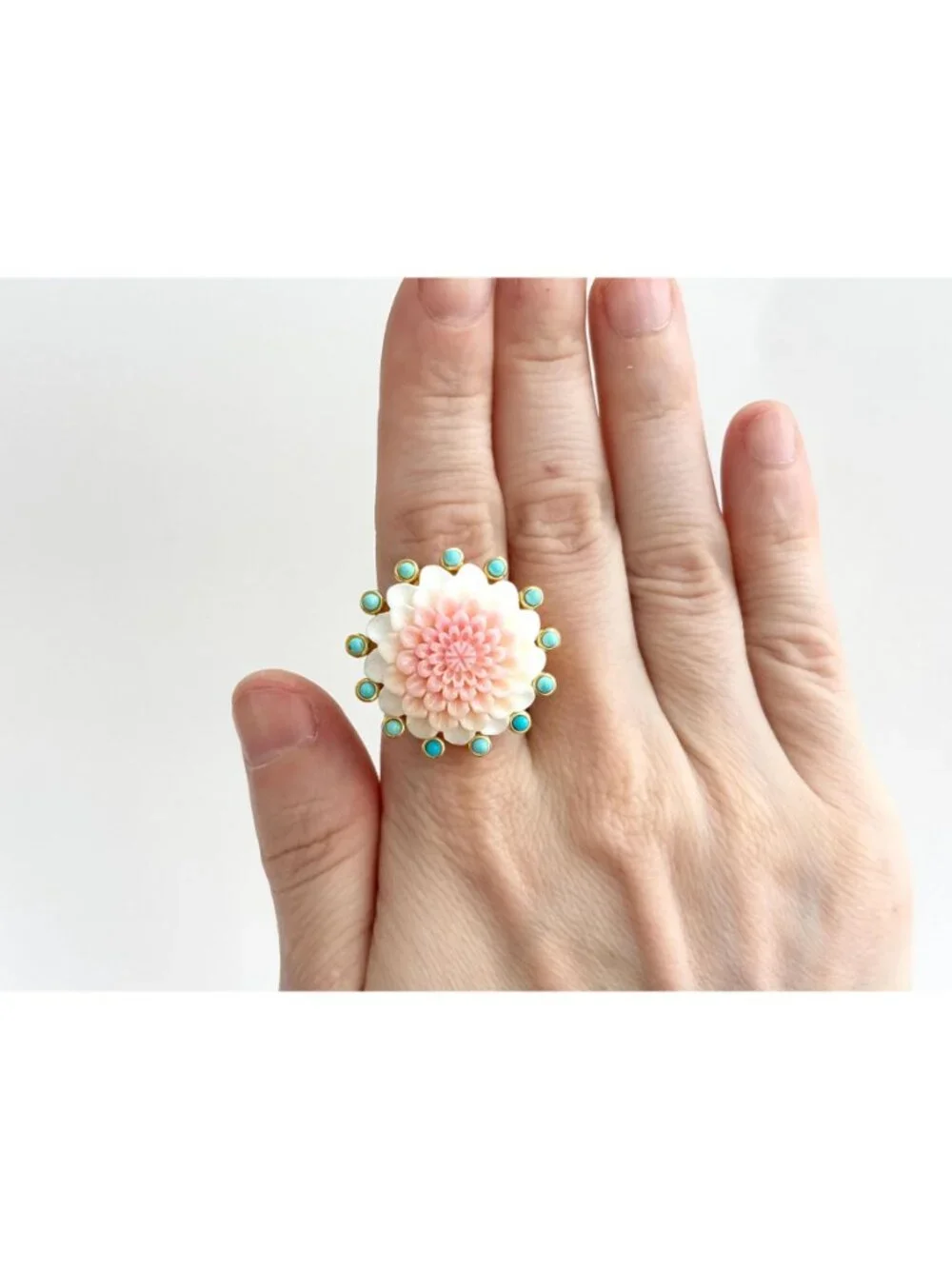 Corniola Shell Turquoise 18k Vermeil Sterling Silver 925 Vintage Ring - sz 10